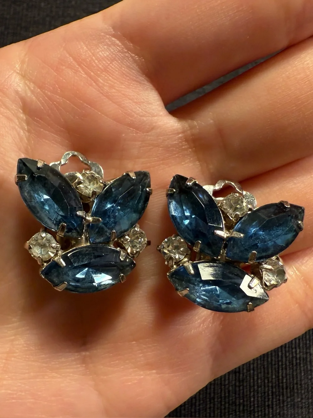 Vintage Blue and Clear Rhinestone Clip Earring